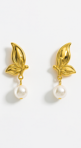 Eternal Flower Pearl Drop Dangle 18K Earrings - Gold